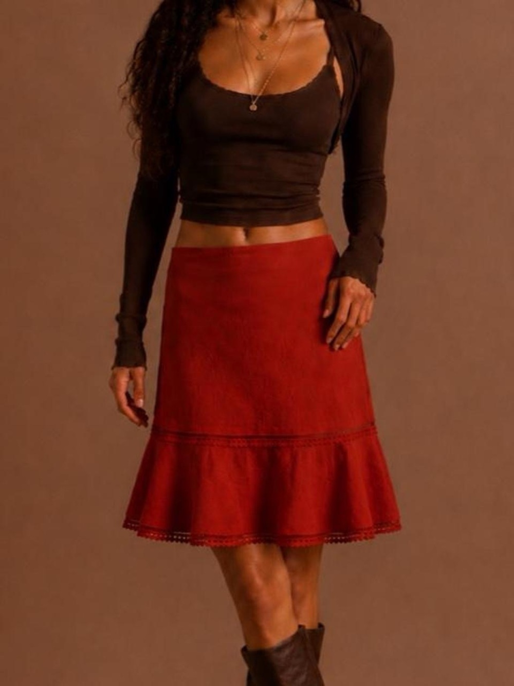 Autumn boho ruffle midi skirt